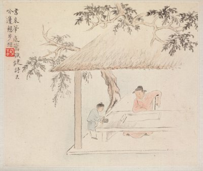 Album van Landschapsschilderijen die Oude Gedichten Illustreren: Een Man Zit aan een Tafel voor een Open Rol; een Jongen Mengt Inkt door Hua Yan