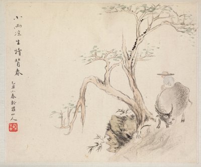 Album van Landschapsschilderijen die Oude Gedichten Illustreren: Een Man Zit op een Waterbuffel, 1700s door Hua Yan