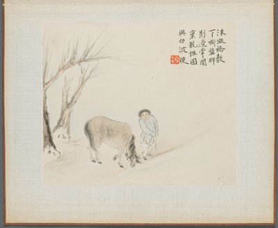 Album van landschapschilderijen die oude gedichten illustreren: Een man en een paard bij een stroom, 1700s door Hua Yan