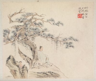Album van Landschapsschilderijen die Oude Gedichten Illustreren: Een Oude Man Zit onder een Pijnboom, een Jongen is achter een Steen door Hua Yan