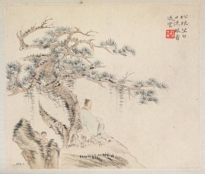 Album van landschapschilderijen die oude gedichten illustreren: Een oude man zit onder een dennenboom door Hua Yan