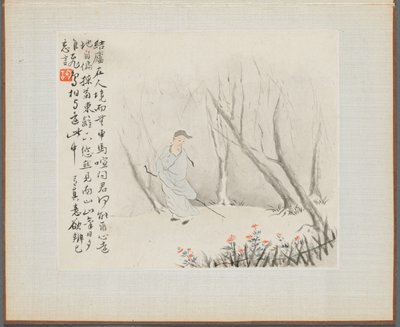 Album van Landschapsschilderijen die Oude Gedichten Illustreren: Een Oude Man met een Staf loopt een Beboste Weg door Hua Yan