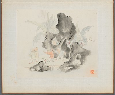 Album van Landschapsschilderijen die Oude Gedichten Illustreren: Kinderen Spelen in een Rotsachtig Bos door Hua Yan