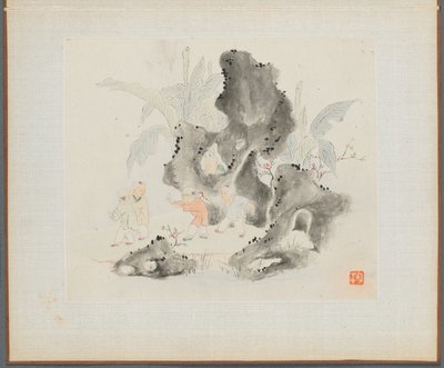 Album van landschapsschilderijen die oude gedichten illustreren: Kinderen spelen in een rotsachtige bos, 1700s door Hua Yan