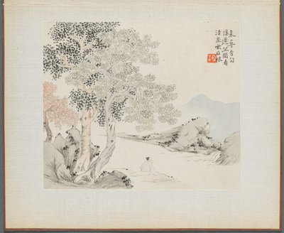 Album van Landschapsschilderijen die Oude Gedichten Illustreren: Drie Grote Bomen, een Stroom met een Oude Man Zittend aan de Oever door Hua Yan