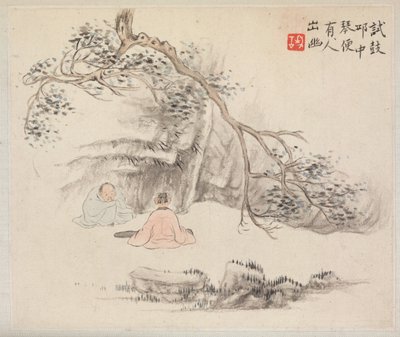 Album van Landschapsschilderijen die oude gedichten illustreren: Twee figuren buiten, 1700s door Hua Yan