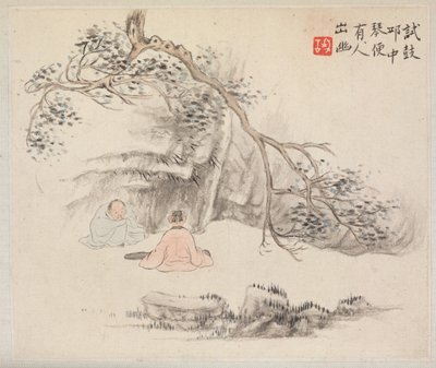 Album van Landschapsschilderijen die Oude Gedichten Illustreren: Twee Figuren Buiten: Een Luistert terwijl de Ander de Qin Speelt door Hua Yan