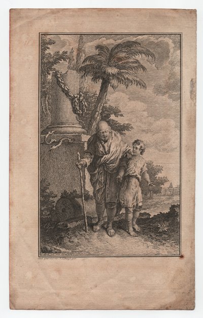 Jongen die een blinde man leidt (gravure) door Hubert (after) Gravelot