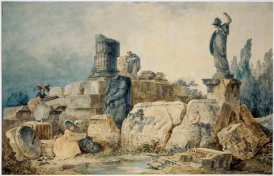 Twee jonge vrouwen tekenen de ruïnes van Rome, drie figuren in antieke kleding observeren hen van bovenaf ... door Hubert (circle of) Robert