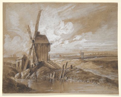 Molens in een landschap door Hubert Clerget