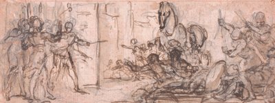 Ontwerp voor een gravure: Slag om Troje met het Paard van Troje door Hubert Francois Gravelot