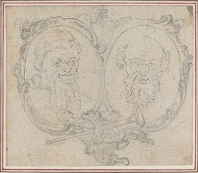 Dubbele Cartouche met Twee Hoofden en Symbolen van Roem en Dwaasheid door Hubert Francois Gravelot