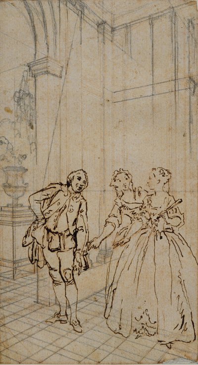 Literaire illustratie met heer en twee dames in interieur door Hubert Francois Gravelot