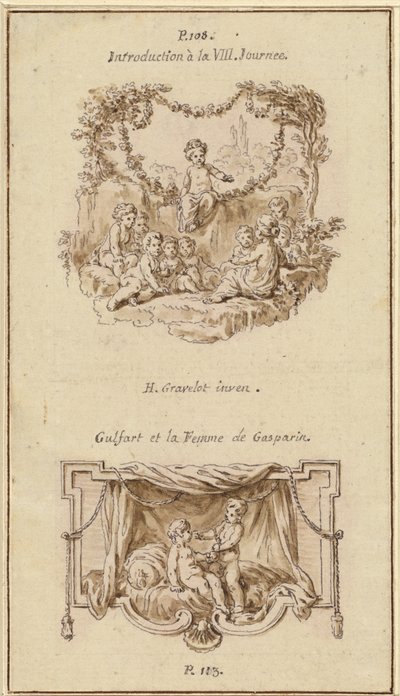 Negen kinderen luisteren naar een meisje dat een verhaal vertelt; een jongen geeft een beurs aan een meisje dat op een bed zit door Hubert Francois Gravelot