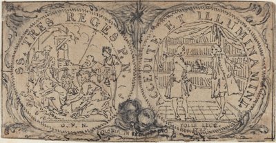 Ornamentale medaillons met de aanbidding van de wijzen en twee bibliofielen door Hubert Francois Gravelot