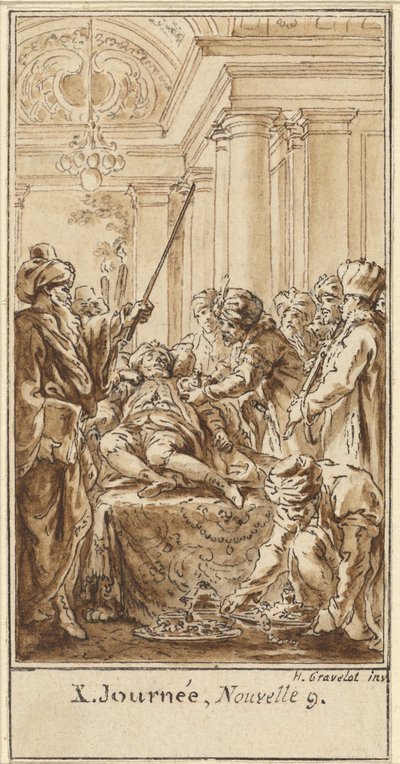 Tiende dag, negende verhaal: Saladin schenkt rijke geschenken aan de slapende Torello door Hubert Francois Gravelot