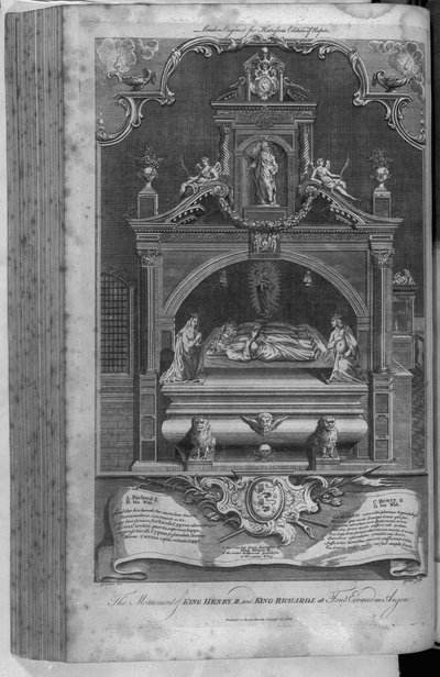 Het monument voor Hendrik II en Richard I in de abdij van Fontevrault, gegraveerd door John Goldar door Hubert Francois Gravelot
