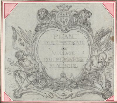 Titelcartouche voor een Kaart van het Kasteel en Dorp Le Plessis aux Bois door Hubert Francois Gravelot