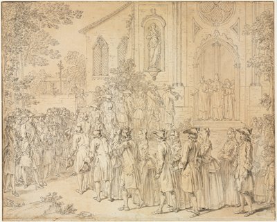 Een processie die een kerk binnengaat door Hubert François Bourguignon Gravelot