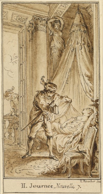 Tweede Dag, Zevende Verhaal: De Hertog van Athene Overpeinst de Slapende Prinses Alatiel door Hubert François Gravelot after François Boucher