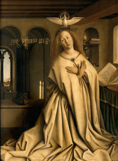 Detail van de Maagd Annunciate, van de buitenkant van het rechterpaneel van het Gentse altaarstuk door Hubert & Jan van (1390 1441) Eyck