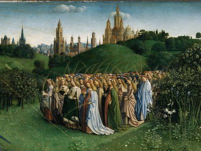 De aanbidding van het mystieke lam, van het Gentse altaarstuk, detail van de onderste helft van het centrale paneel door Hubert & Jan van (1390 1441) Eyck