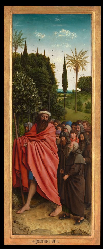 De pelgrims geleid door St. Christoffel, van de rechterkant van het Gentse altaarstuk door Hubert & Jan van (1390 1441) Eyck