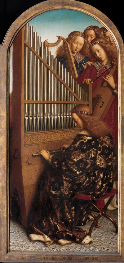 Engel muzikanten met St. Cecilia, van het Lam Gods door Hubert & Jan van (1390 1441) Eyck