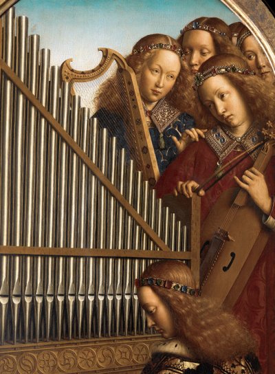 Engel muzikanten met St. Cecilia, van het Gentse altaarstuk door Hubert & Jan van (1390 1441) Eyck