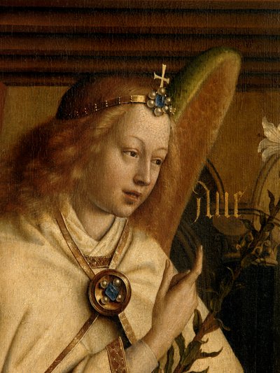 Detail (Engel Annunciate, van de buitenkant van de linker vleugel van het Gentse Altaarstuk) door Hubert & Jan van (1390 1441) Eyck