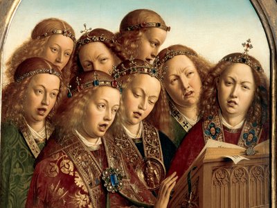 Detail van zingende engelen, van de linker vleugel van het Gentse altaarstuk door Hubert & Jan van (1390 1441) Eyck