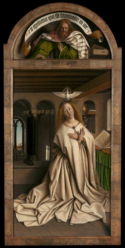 Lunet: De profeet Micha. Onderpaneel: Maagd Annunciate, van de buitenkant van het rechterpaneel van het Gentse altaarstuk door Hubert & Jan van (1390 1441) Eyck