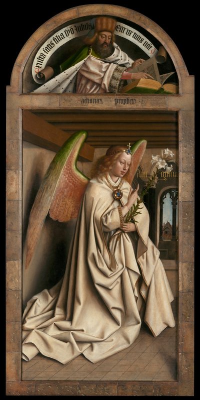 Lunet: de profeet Zacharia. Onderpaneel: Engel Annunciate, van het exterieur van de linker vleugel van het Lam Gods door Hubert & Jan van (1390 1441) Eyck