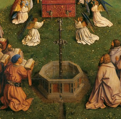 De aanbidding van het mystieke lam, van het Gentse altaarstuk (detail van onderste helft van centraal paneel) door Hubert & Jan van (1390 1441) Eyck