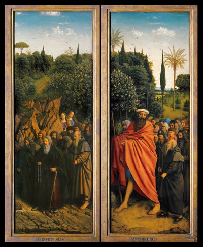 De kluizenaars en de pelgrims geleid door St. Christoffel van de rechterkant van het Gentse altaarstuk door Hubert & Jan van (1390 1441) Eyck