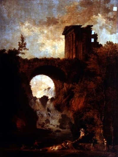 Een capriccio van een verwoeste tempel bij een brug over een waterval met een wipfeest door Hubert Robert
