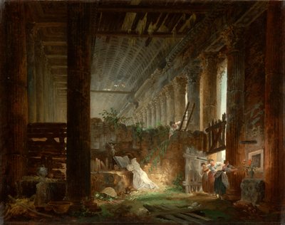 Een kluizenaar bidt in de ruïnes van een Romeinse tempel door Hubert Robert