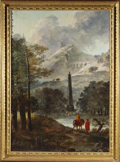 Een Bergachtig Landschap met een Obelisk door Hubert Robert