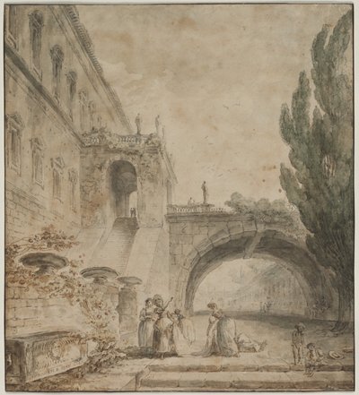 Een paleis met een gebogen brug Een Romeinse villa, 1760 door Hubert Robert