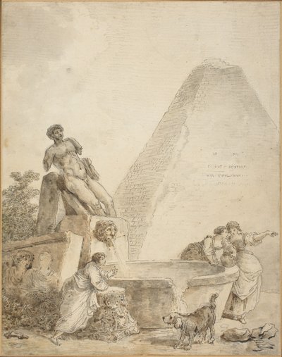 Een Romeins Capriccio met de Piramide van Gaius Cestius door Hubert Robert