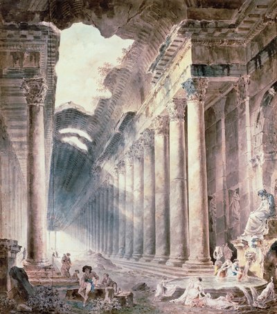 Een gebouw met zuilengalerij, het dak deels open naar de lucht, met meisjes die kleren wassen door Hubert Robert