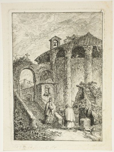 Oude tempel, plaat vijf uit Les Soirées de Rome door Hubert Robert