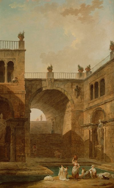 Architectonische scène met vrouwen die kleren wassen bij een poel door Hubert Robert