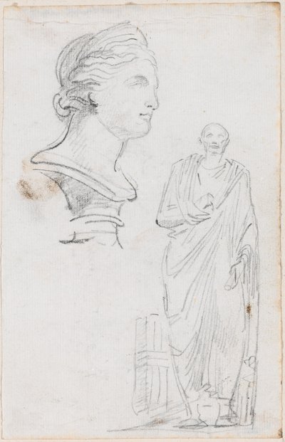 Borstbeeld van een Romeinse vrouw en standbeeld van een Romeinse man door Hubert Robert