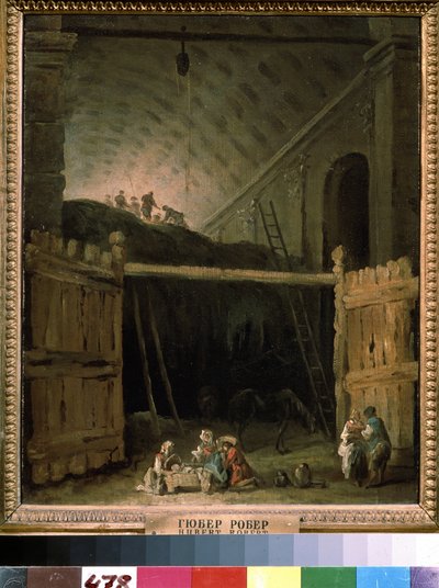 Hooischuur in een basiliek door Hubert Robert