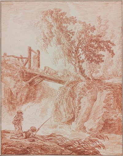 Herders die een waterval oversteken door Hubert Robert