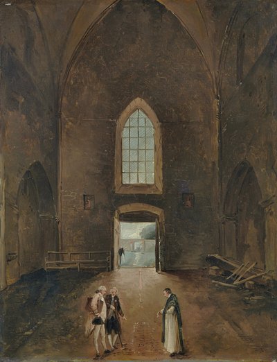 Hubert Robert en een amateur bezoeken een graf in een kerk door Hubert Robert