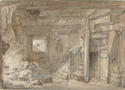Interieur van een Boerderij met Figuren door Hubert Robert
