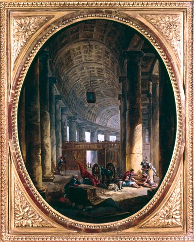 Interieur van de colonnade van Sint-Pieter, Rome, ten tijde van het conclaaf van 1769 door Hubert Robert