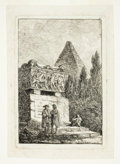 Landschap met piramide en sarcofaag, plaat zes uit Les Soirées de Rome door Hubert Robert